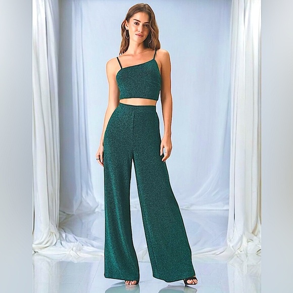 Lulus Pants - Lulu’s Sparkle with Merriment Black and Teal Green Two-Piece Jumpsuit